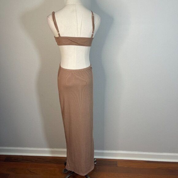 SHEIN M Medium Bodycon Strappy Midi Dress Brown Ribbed Knit - Picture 2 of 7